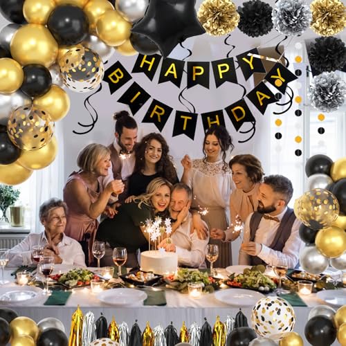 Black and Gold Birthday Party Decorations Kit for Men Women, Cheers Beer Confetti Black Gold Balloon Happy Birthday Banner...