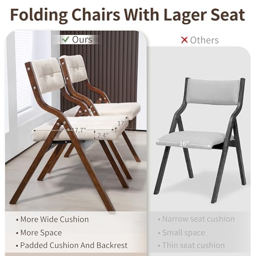HOMEFUN Folding Chairs with Cushion, Wooden Padded Foldable Chair 2 Pack, Portable and Assembled Seat for Guests Kitchen O...