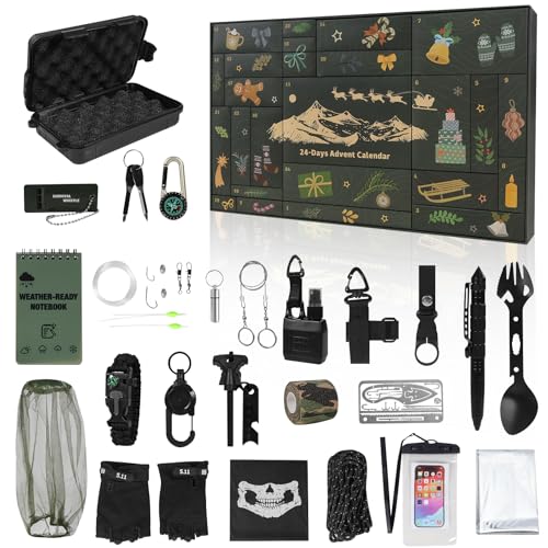 Survival Kit Advent Calendar 2025 - 24 Day Christmas Countdown Calendar with Survival Tools & Emergency Gear, Gifts for Me...