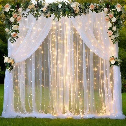 GUANSEN 10 x 10 FT Pearl White Tulle Backdrop Curtain with Lights Strings,Wedding Background Curtain Baby Shower Birthday ...