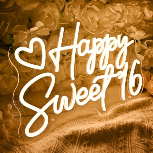 SYLHOME Happy Sweet 16 Led Neon Light Sign Happy 16th Birthday Party Backdrop Wall Sign Decor Sixteen Birthday Banner 15.7...