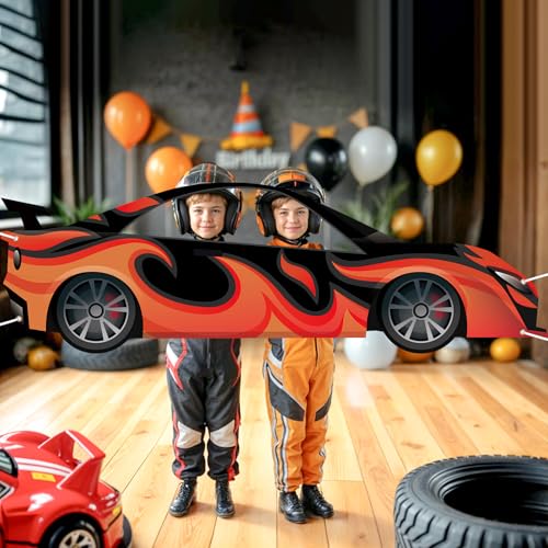 2PCS Race Cars Photo Booth Props Large Fabric Race Car Party Decorations Banner Sign Car Shaped Photo Prop Racing Themed S...
