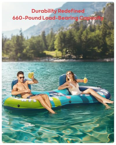 QPAU Inflatable Double River Tube, 2 Person 660lb Capacity, Puncture-Resistant 93" Sturdy Heavy Duty River Float, River Ra...