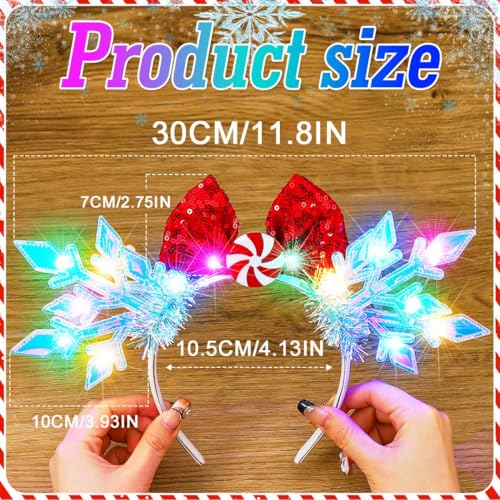 BARTOSI Light Up Christmas Snowflake Headband Xmas Bow Headbands Holiday Hair Accessories for Women and Girls
