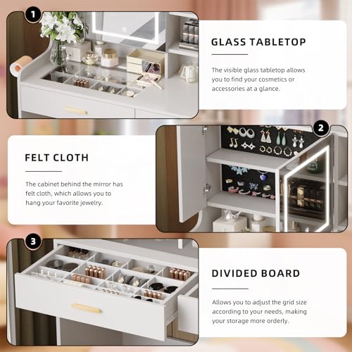 KATYGLORY Vanity Desk with Mirror and Adjustable LED Lights Makeup Vanity Table for Bedroom with Glass Tabletop Power Outlet Storage Bag 3 Drawers 1 Cabinet and 6 Storage Shelve,White