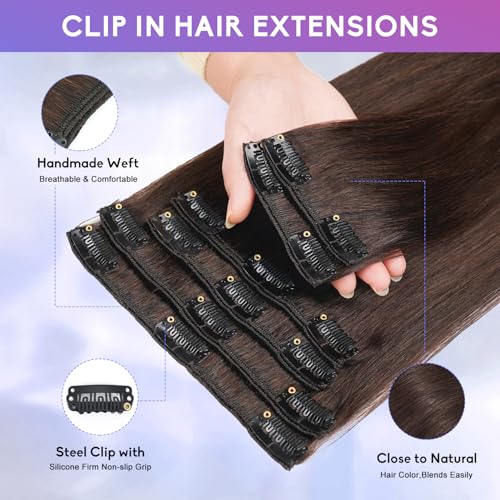 Dark Brown Clip in Hair Extensions Real Human Hair Invisible Seamless Remy Human Hair Clip in Extensions for Women 24 Inch 120g, 8pcs Per Set with Double Weft