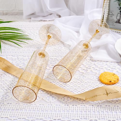 YOUBET 24 Pack Plastic Champagne Flutes - 6 Oz Gold Glitter Disposable Champagne Glasses - Square Plastic Wine Cups Weddin...