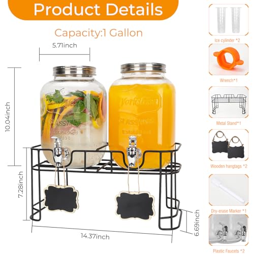 Waymind 1 Gallon Glass Drink Dispensers, 2 Pack Clear Beverage Dispenser with Stand and Spigot for Parties, Drink Dispense...