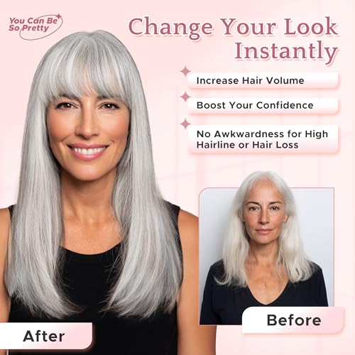SEGO Grey Hair Toppers for Women Real Human Hair With Bangs, 7 * 13 CM Silk Base Clip In Topper Wiglet, Top Pieces for Women with Thinning Hair -6 Inch #G1 Silver Grey