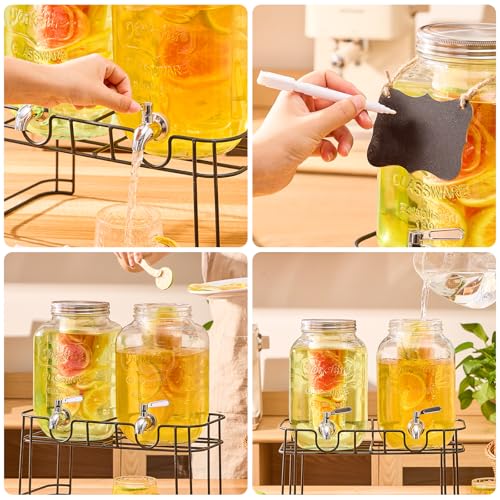 1 Gallon Glass Drink Dispensers for Parties, 2PACK Beverage Dispenser with Stand, Fruit Infuser and Stainless Steel Spigot...