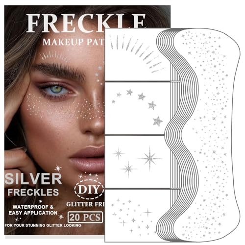 20PCS Glitter Freckles, Glitter Freckles Face Tattoo, Sparkle Freckles for Women and Kids, Cute Star Waterproof Silver Tem...