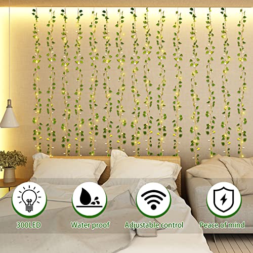 Unittype 15 Pcs 6.6 ft 300 LED Fake Ivy Vines Window Curtain String Light for Bedroom, Artificial Hanging Ivy Vines Plant ...
