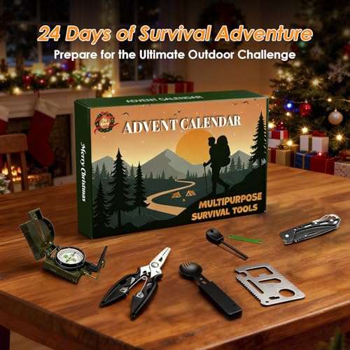 2025 Survival Kit Advent Calendar for Men - 24 Days Survival Gears Gifts - 33pcs Cool Gadgets for Outdoor Camping Fishing ...