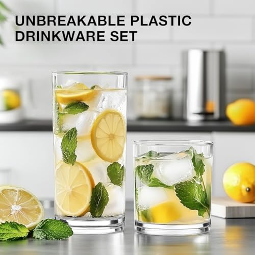 Plastic Drinking Glasses Set of 8, 14oz Rocks & 20oz Water Cups, Unbreakable Plastic Glasses Drinkware, Clear Kitchen Tumb...