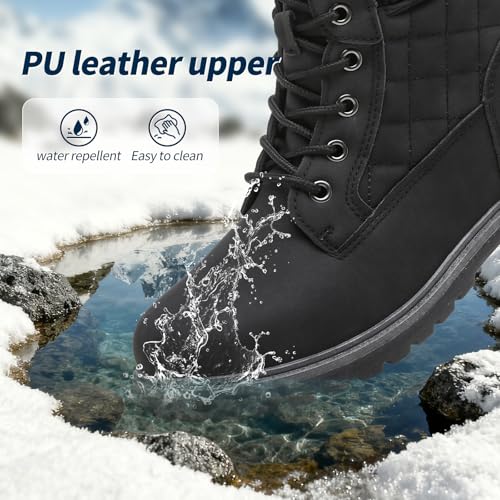 kufeiti Waterproof Ankle Boots for Women Non Slip Black Combat Boots Fall Winter Snow Lace Up Hiking Booties