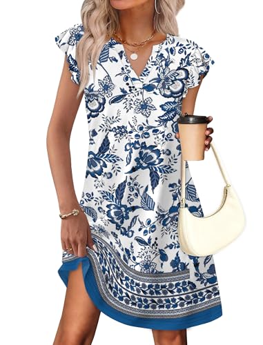 OFEEFAN Spring Summer Dresses for Women 2026 Casual Ruffle Sleeve V Neck Loose Swing Sundresses with Pockets Plain/Print