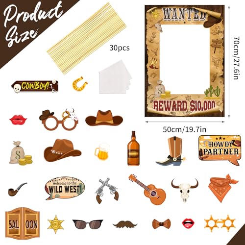 SKJIAYEE 25 Pcs Brown Western Cowboy Cowgirl Party Decorations - Large Size Western Wanted Photo Booth Frame and Wild West...