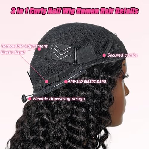 SENSAIRUITE Deep Wave Half Wig Human Hair Curly Half Wigs for Women - Upgrade Drawstring 3 in 1 Seamless Flip Over Glueless Wig 18-inch Natural Black