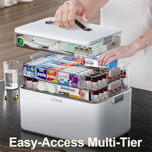 CTIME 4-Tier XL Medicine Organizer - Portable Medicine Cabinet with Leather Handle, Empty First Aid Kit for Home, School, ...