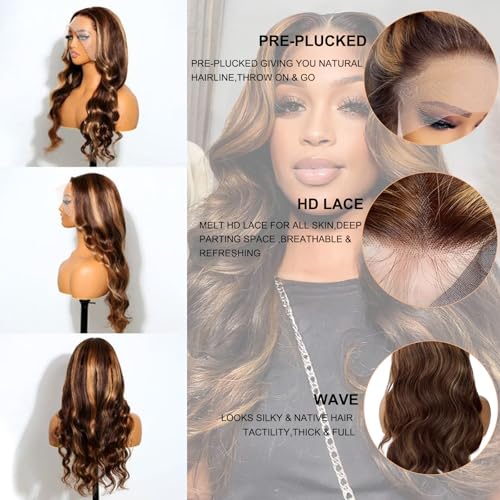 OiMiGO Lace Front Wig Human Hair 13x4 Highlight HD Transparent Lace Frontal Wigs Remy Human Hair High Density 4/27 10A Unprocessed Wigs with Natural Hairline for Women 26Inch