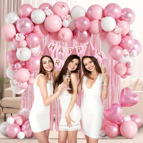 Pink Birthday Decorations with Pearl White Light Pearl Metallic Pink Foil Balloons Fringe Curtain Banner for Happy Birthda...