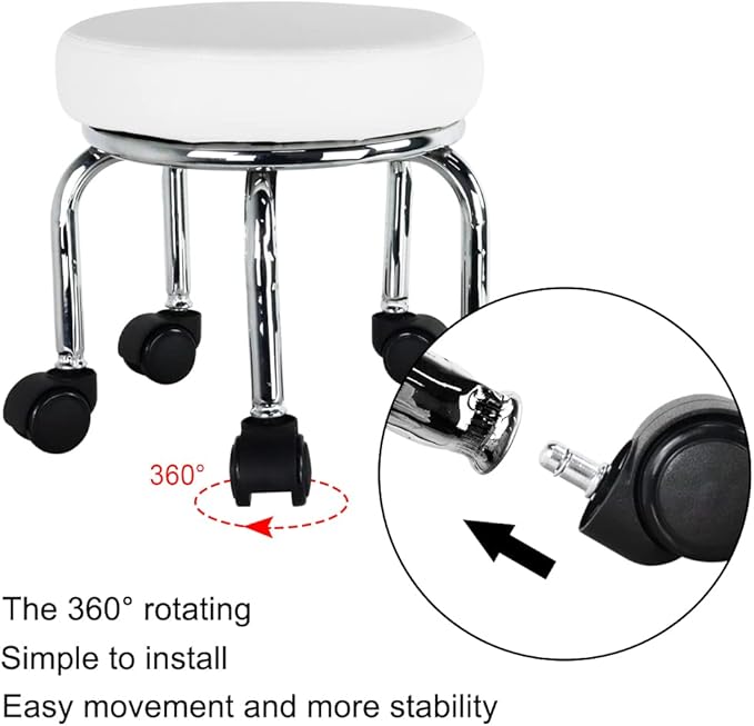 WKWKER Modern Roller Seat PU Leather Low Round Rolling Stool 360° Swivel Small Low Seat with Universal Caster Wheels Foot Stool for Home Office Garage Shop Fitness Sport H：12.4" （White）