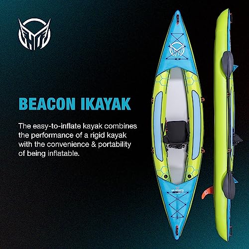 HO Sports Beacon Inflatable Kayak with Hand Pump, Adjustable Paddle & Carry Bag - Ergonomic High-Back Seat with Storage Ho...
