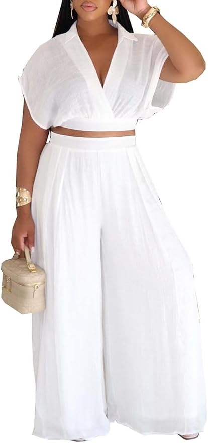 KEYUFANG Women's Summer 2 Piece Outfits Wrap V Neck Crop Top and Wide Leg Pants Sets Casual Vacation Outfits
