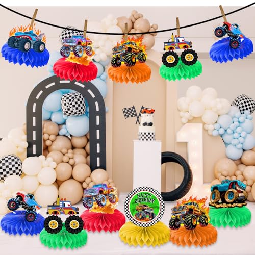 9PCS Monster Truck Honeycomb Centerpieces Themed Birthday Party Decorations Centerpiece Table Decoration Party Favors Deco...