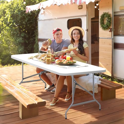 ZenStyle 6 ft Indoor Outdoor Heavy Duty Plastic Folding Table Portable Picnic Table Fold-in-Half Utility Table w/Handle an...