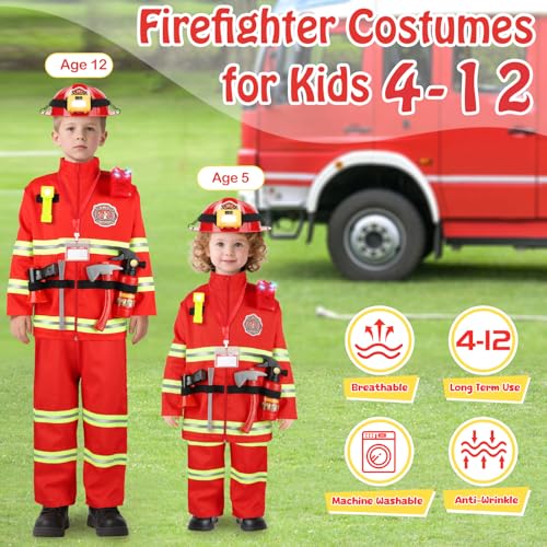 HUUIDY Firefighter Costume for Kids, Fireman Costume with Firefighter Tools, Fire Extinguisher, Helmet Light, Right Angle ...