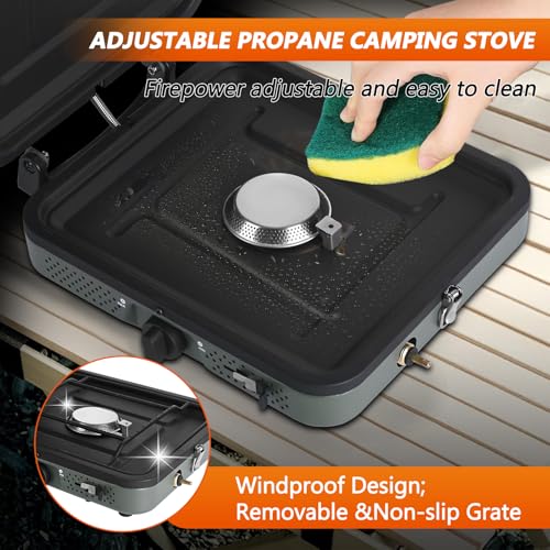 Julymoda 2 Burner Propane Camping Stove with Grill and Carrying Bag, Portable Folding Camp Stove with 17,000 BTU Adjustabl...
