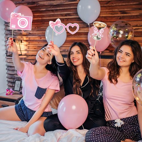 Pink Party Decorations Photo Booth Props Signs,25pcs Pink Birthday Decorations Selfie Props with Sticks for Women Coquette...