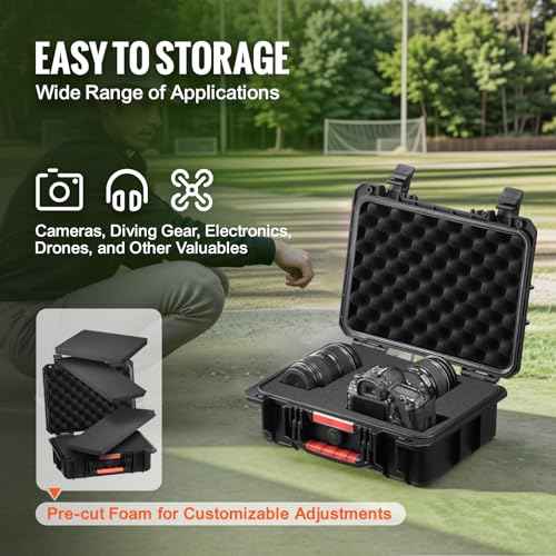 VEVOR Weatherproof Hard Case, Heavy Duty Protective Dry Box Case with Pre-cut Foam, Retractable Pull Handles for Travel, Hunting, Military, Tactical, IP67 Waterproof for Cameras(14.96x11.81x5.51)