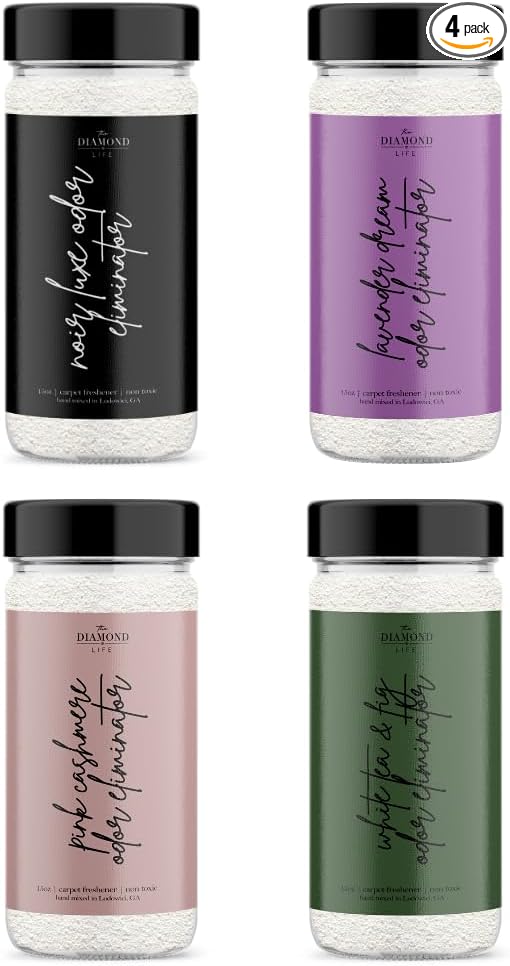 “Hotel” Carpet Powder Bundle – 4 Pack: Noir Luxe, Lavender Dreams, Pink Cashmere, White Tea & Fig – Odor Eliminator for Home, Upholstery & Pet Areas