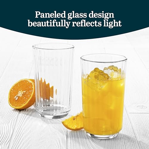 Libbey Paneled Highball Glasses Set of 6, 17 Oz Fine Ribbed Line Whiskey Glasses Set, Dishwasher Safe Highball Champagne G...