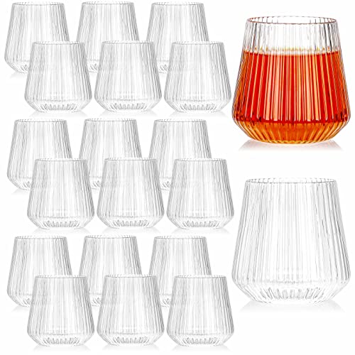 Tebery 20 Pack Plastic Ribbed Wine Glasses, 14Oz Origami Style Ridged Drinking Glasses Tumbler, Unique Vintage Stemless Cu...