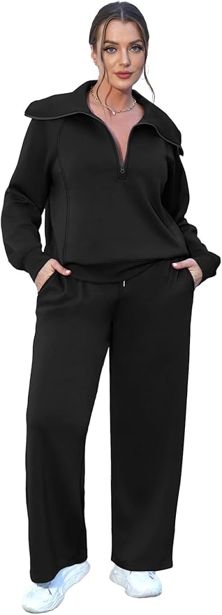XIEERDUO Lounge Sets For Women 2025 Half Zip Sweatshirt And Wide Leg Sweatpant 2 Piece Outfits Sweatsuit Tracksuit