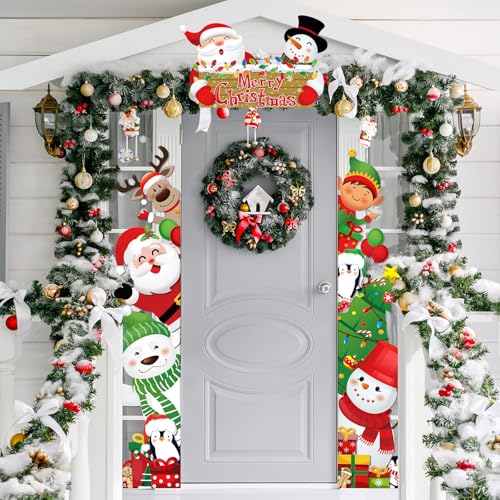 Tiamon 3 Pcs Christmas Door Decorations Banner Merry Christmas Porch Banner Snowman Santa Backdrop Xmas Party Hanging Phot...