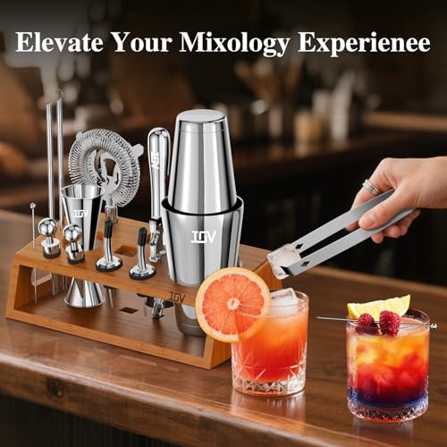 IOV Mixology Bartender Kit Bar Set with Stand | 17-Piece Cocktail Shaker Set | 28oz Boston Shaker Drink Mixer Set with All...