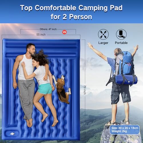 FNARMW Double Sleeping Pad Camping, Self Inflating 6'' Extra-Thick 2 Person Pillow Built-in Foot Pump Waterproof Inflatabl...