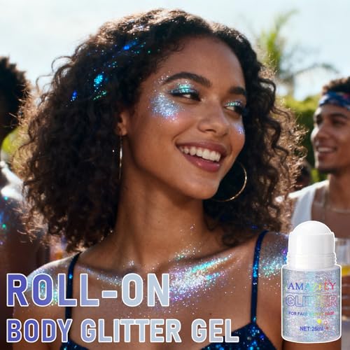 1PC Roll-on Holographic Body Glitter Gel for Body, Hair, Face, Chameleon Color Changing Glitter Gel Under Light, Chunky Me...