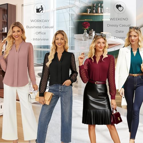 GRACE KARIN Women Business Casual Tops Sheer Lace Long Sleeve Blouses Work Office Pleated V Neck Shirt Fall Formal Outfits