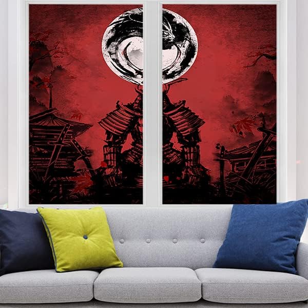 Japanese Samurai Window Film Abstract Vintage Samurai Blossom Dragon Full Moonstained Glass Window Film,Playroom Window Film,Nursery Window Film 17.7Wx23.6L-Inch X2Pcs