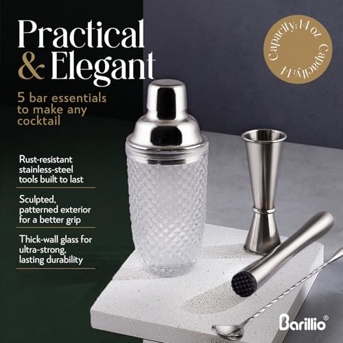 Barillio Glass Cocktail Shaker Set | 14 oz Cobbler Mixer with Bar Tools | Bartender Kit with Measuring Jigger, Mixing Spoo...
