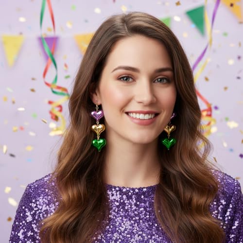 Met-edianger 4 Pairs Mardi Gras Earrings Set Carnival Dangle Drop Earrings Purple Green Yellow Round Heart Beaded Party Fe...