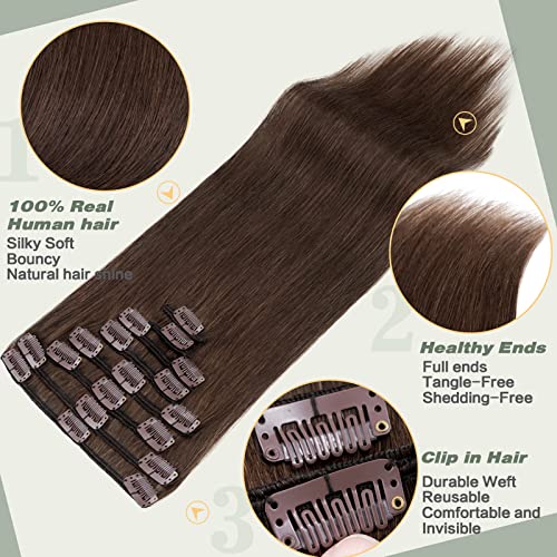 S-noilite Clip in Human Hair Extensions Full Head 8 Pieces/Set Long Straight Silky Soft Clip on Hair (18"-100g #4 Medium Brown)