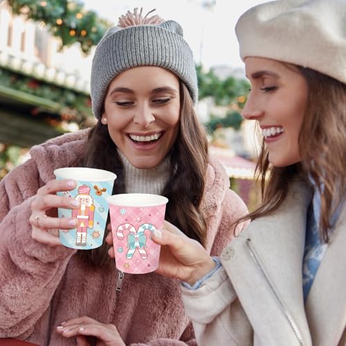 JarThenaAMCS 120Pcs Christmas Gingerbread Paper Cups 9oz Disposable Drinking Cups Pink Blue Nutcracker Candy Cane Holiday ...