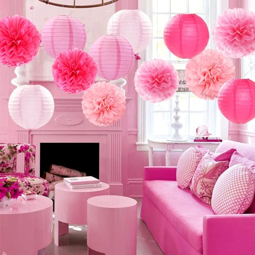 Light-Hot Pink Party-Decorations Paper-Flowers Lanterns - 15pcs Graduation Girl Birthday Decor Tissue Pom Poms Streamers, ...