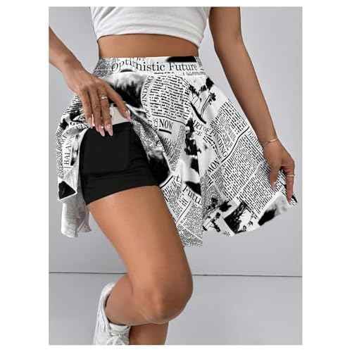 WDIRARA Women's Newspaper Graphic Print Skorts High Waist Flowy Athletic Skirts with Shorts Underneath